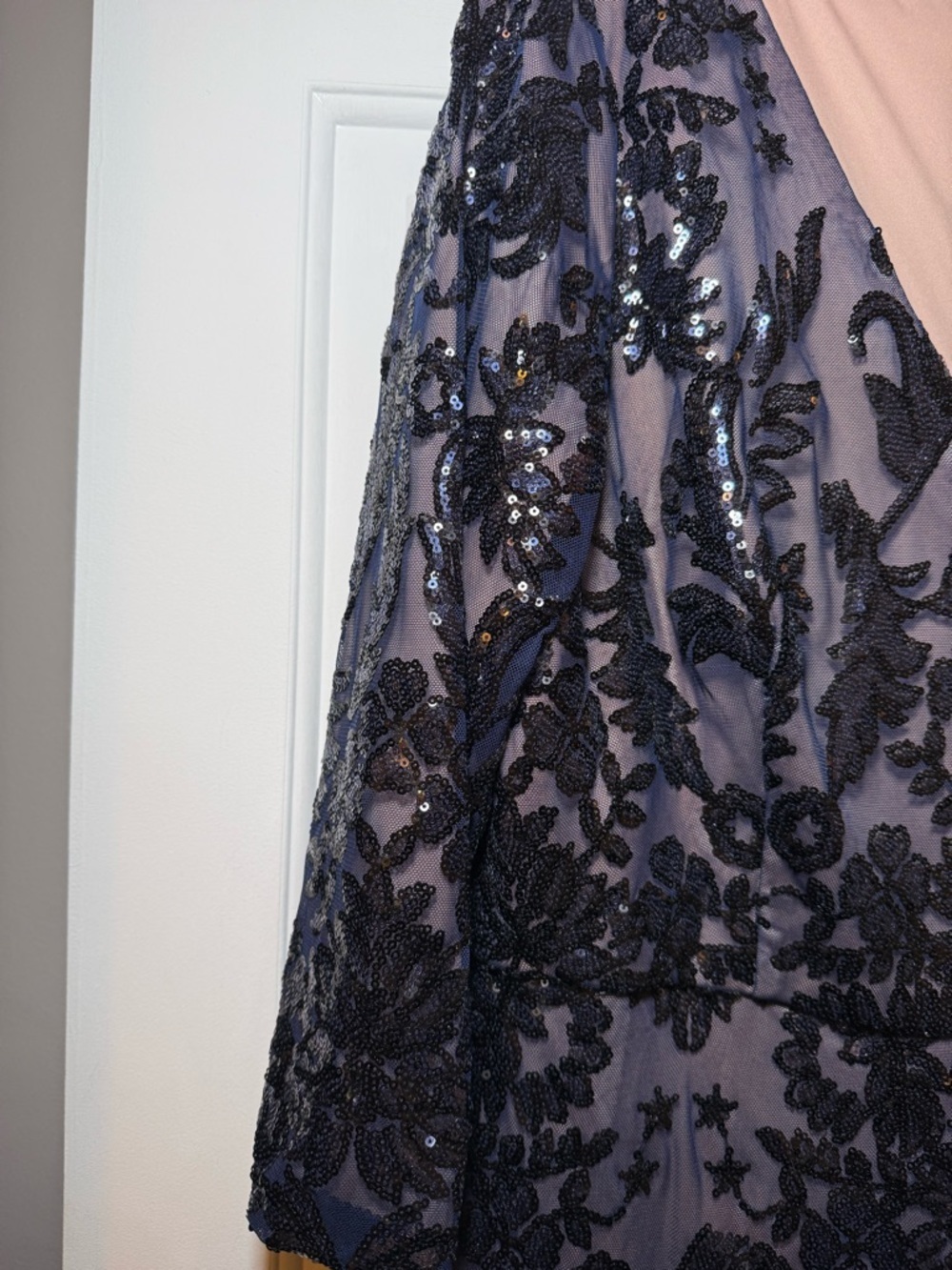 Papell Studios Navy Sequined V Neck Sheath Dress Sz 18 Plus Floral Beige Lined - Picture 6 of 10
